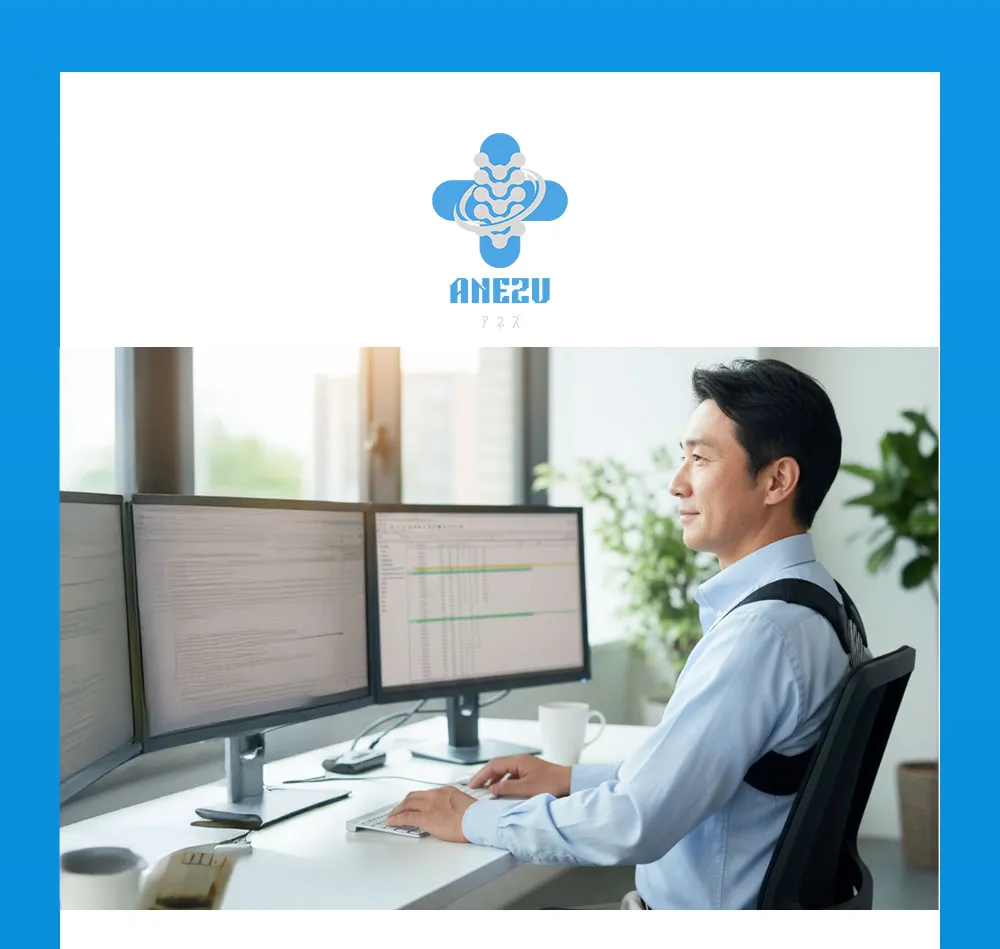 アネズ姿勢ロックを着用し、デスクワークをする男性画像